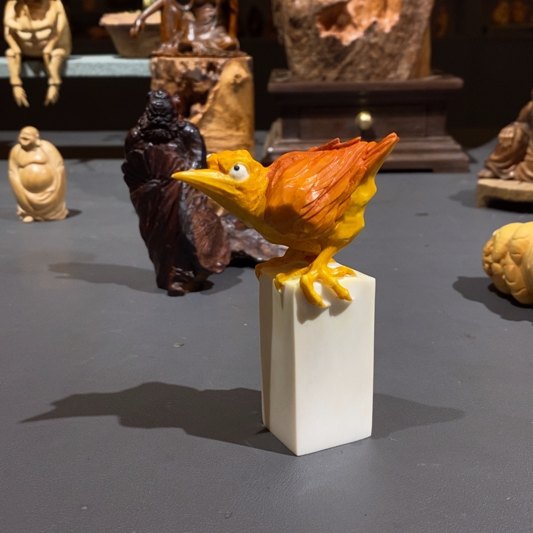 起***！黄杨木鹿角八大山鸟印章摆件