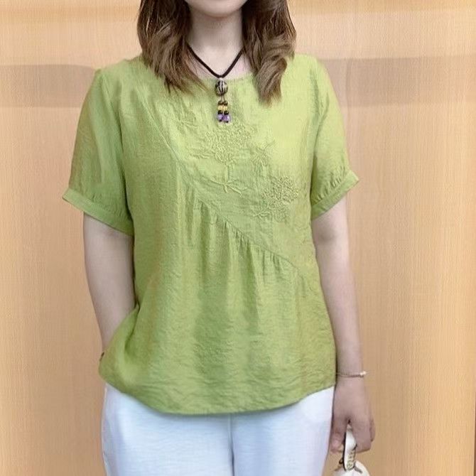 2025春季新款冰丝刺绣百搭宽松妈妈上衣小衫薄款