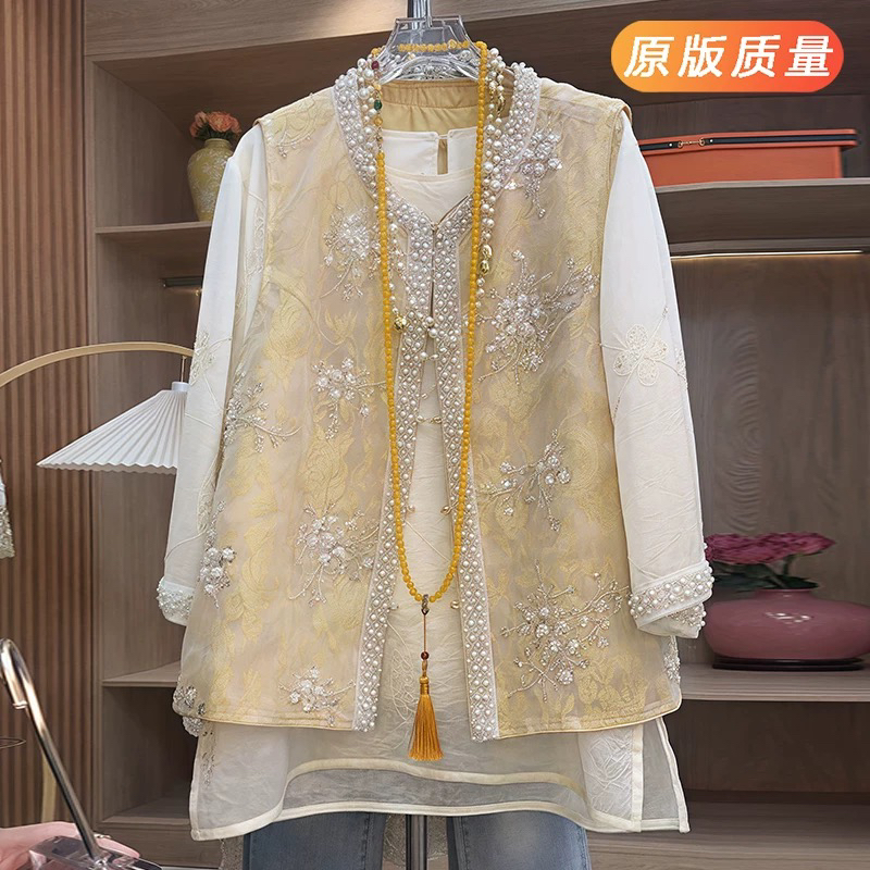 新中式国风女装大码新中式重工钉珠马甲