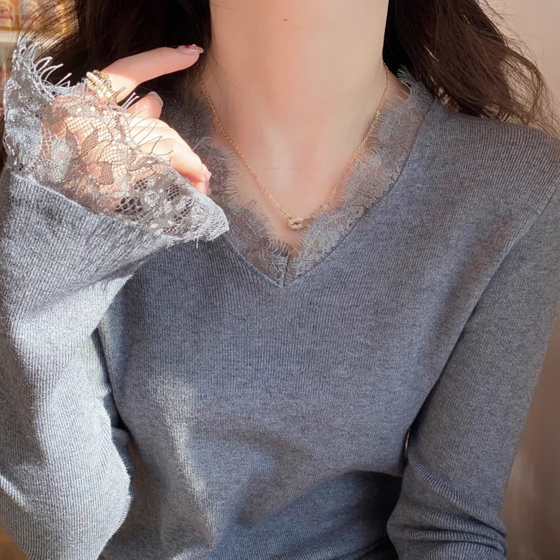 灰色V领蕾丝打底衫女内搭2025秋冬新款修身显瘦毛衣长袖针织上衣