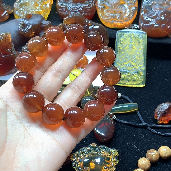 裸石琥珀未镶嵌虫线纹手串尺寸卡18*
