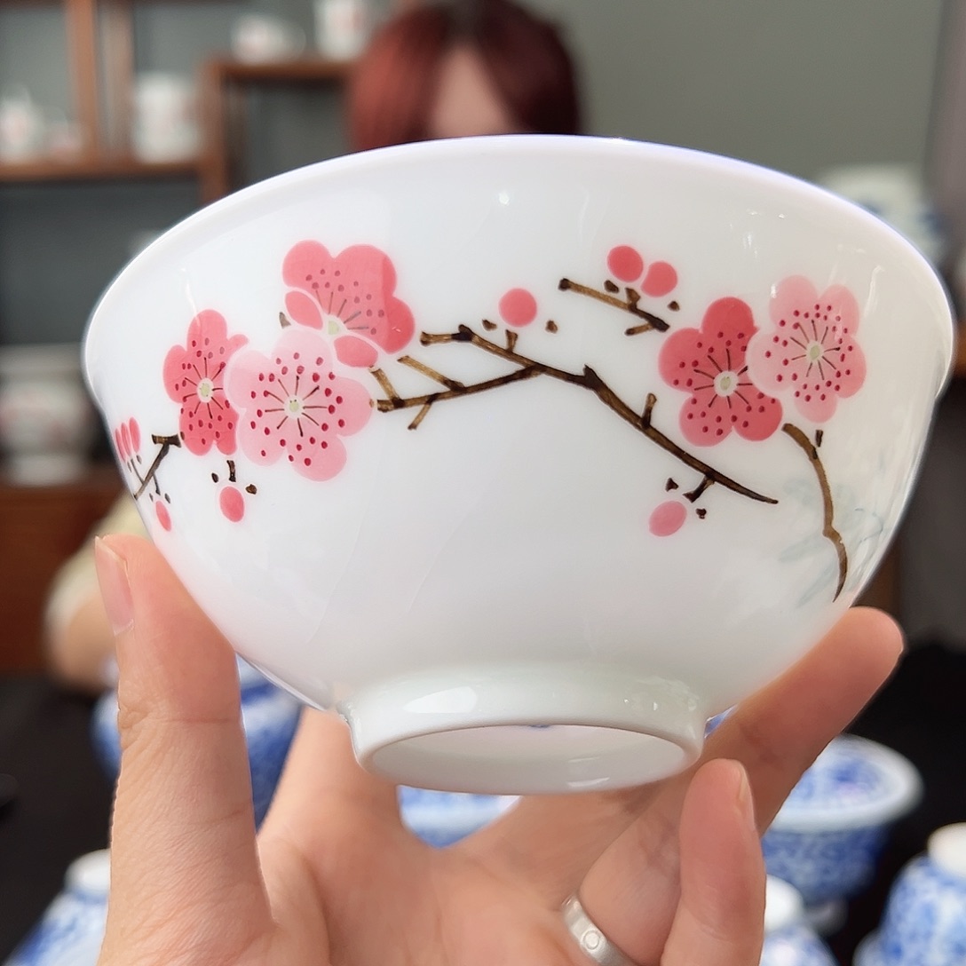 翠竹红梅餐碗，微瑕开片变形