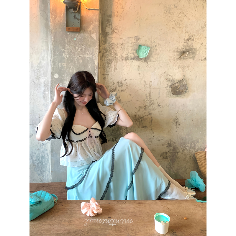 白水女【清仓】绿色A字半身裙女拼接蕾丝蛋糕裙B50348890 B50348779