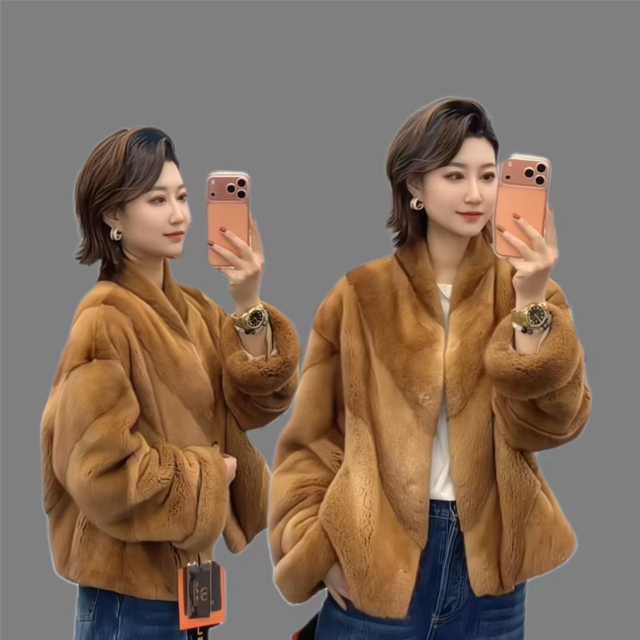 【豪门小姐】高奢定制V领挽袖斜排工艺慵懒女人味时尚短款进口水貂