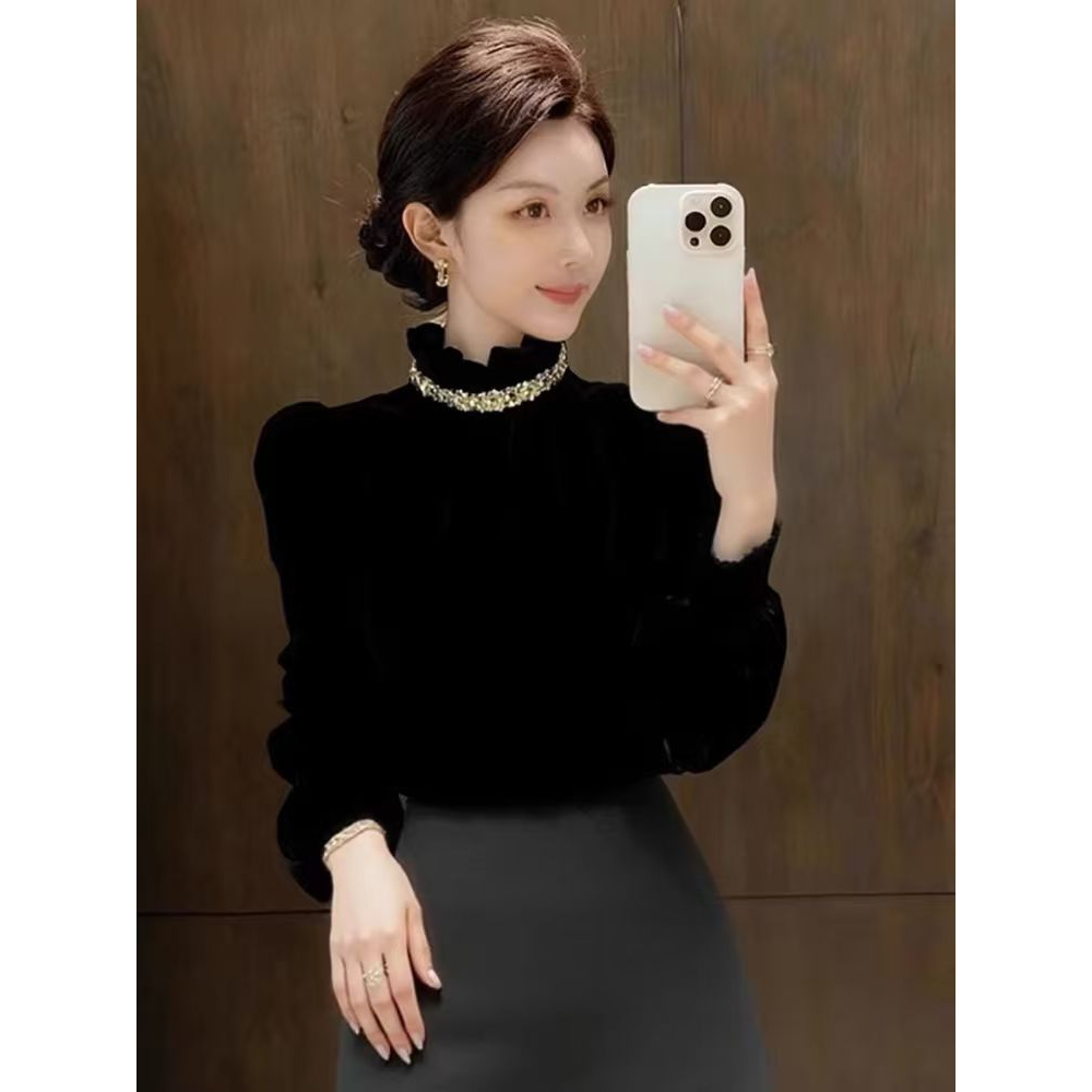 法式赫本风黑色烫钻丝绒衬衫秋冬新款高级感复古轻奢气质轻熟衬衣