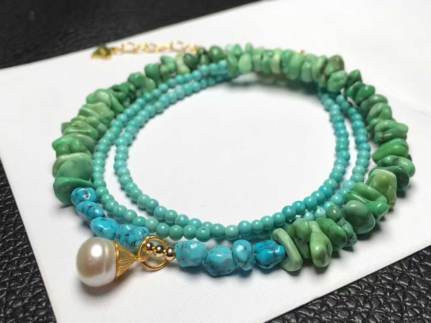 天然精美菜籽黄绿松石随形项链，随形直径5.5-7mm，米珠直径2.2mm