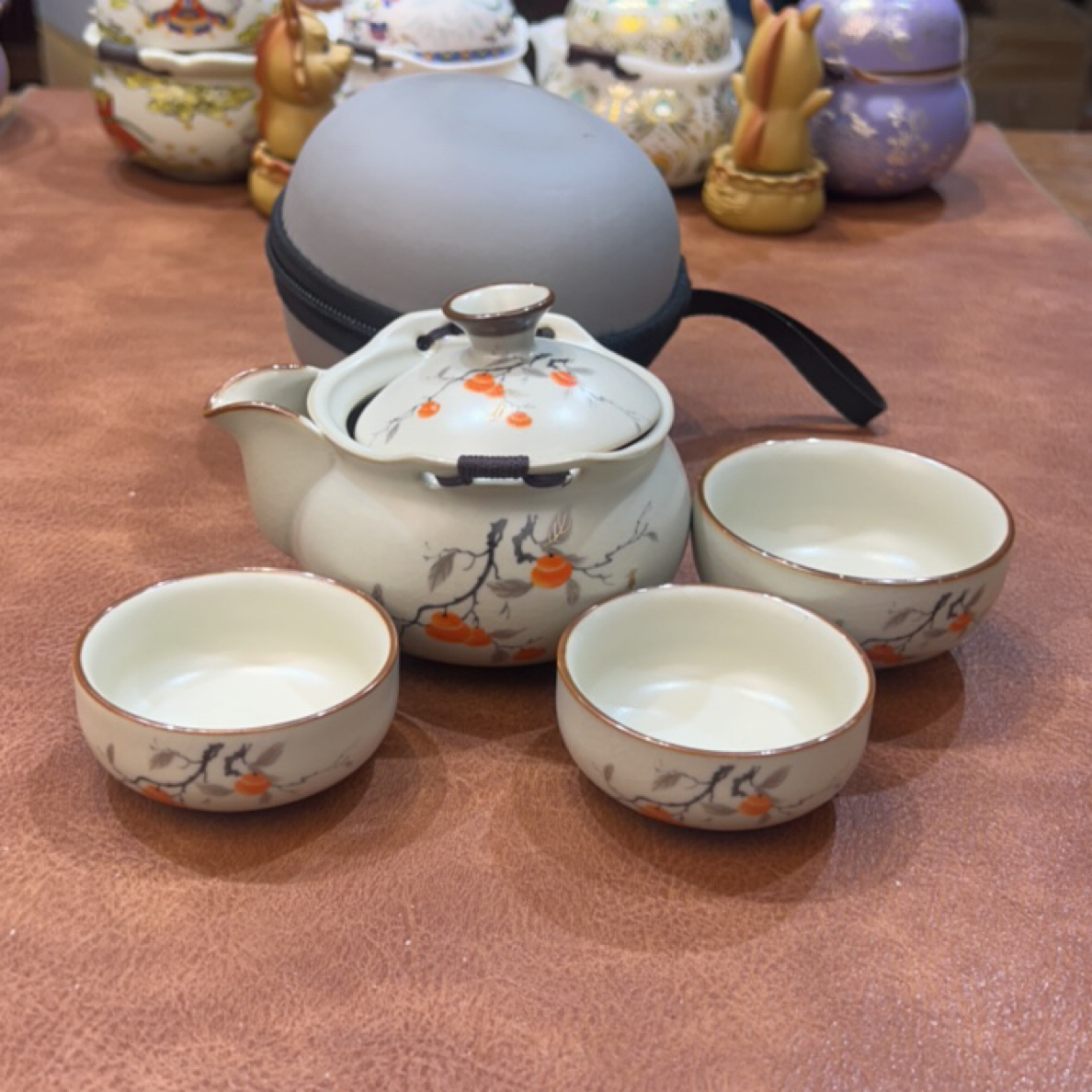 340一壶三杯旅行茶具汝窑会开片柿柿如意