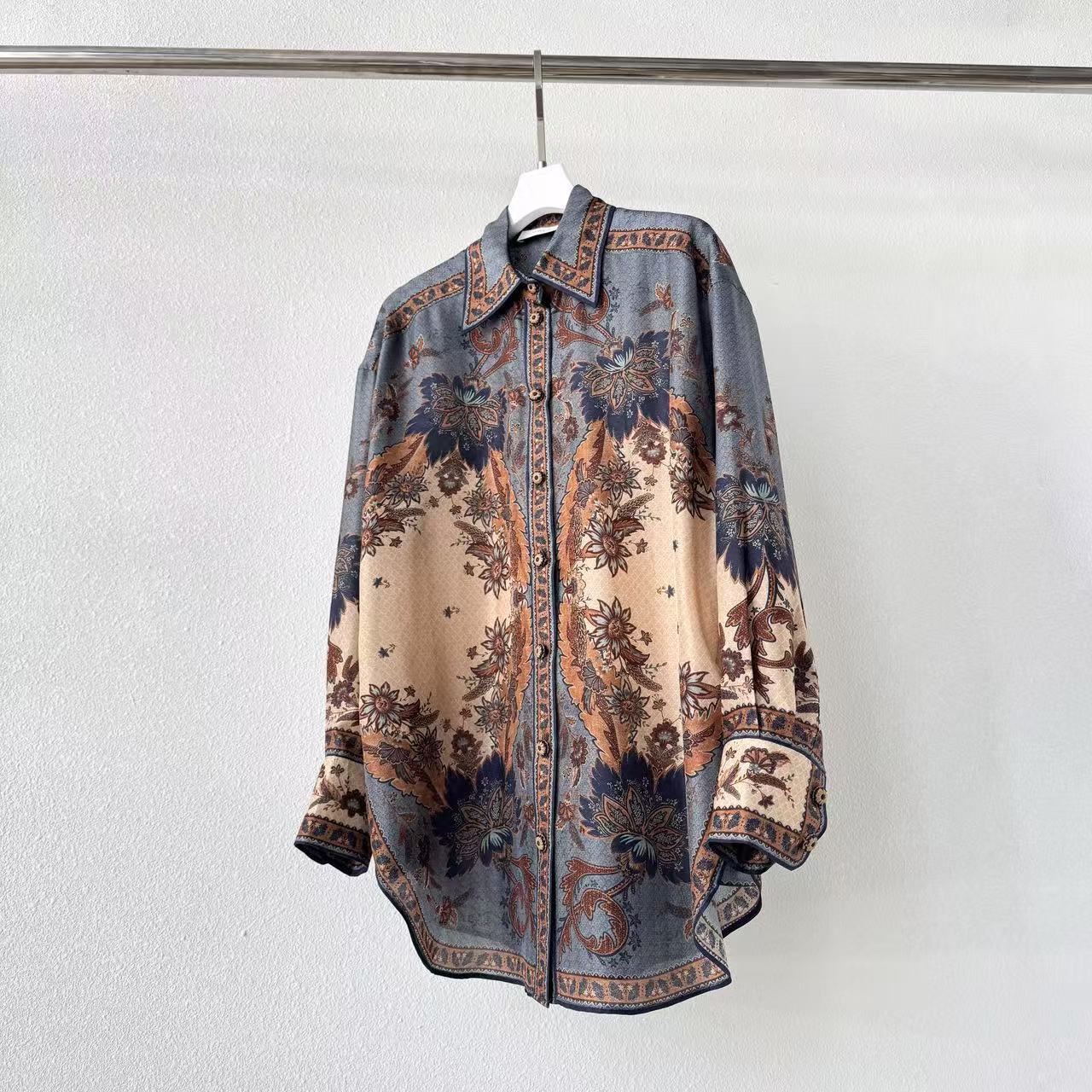 25年真丝宽松复古印花衬衫