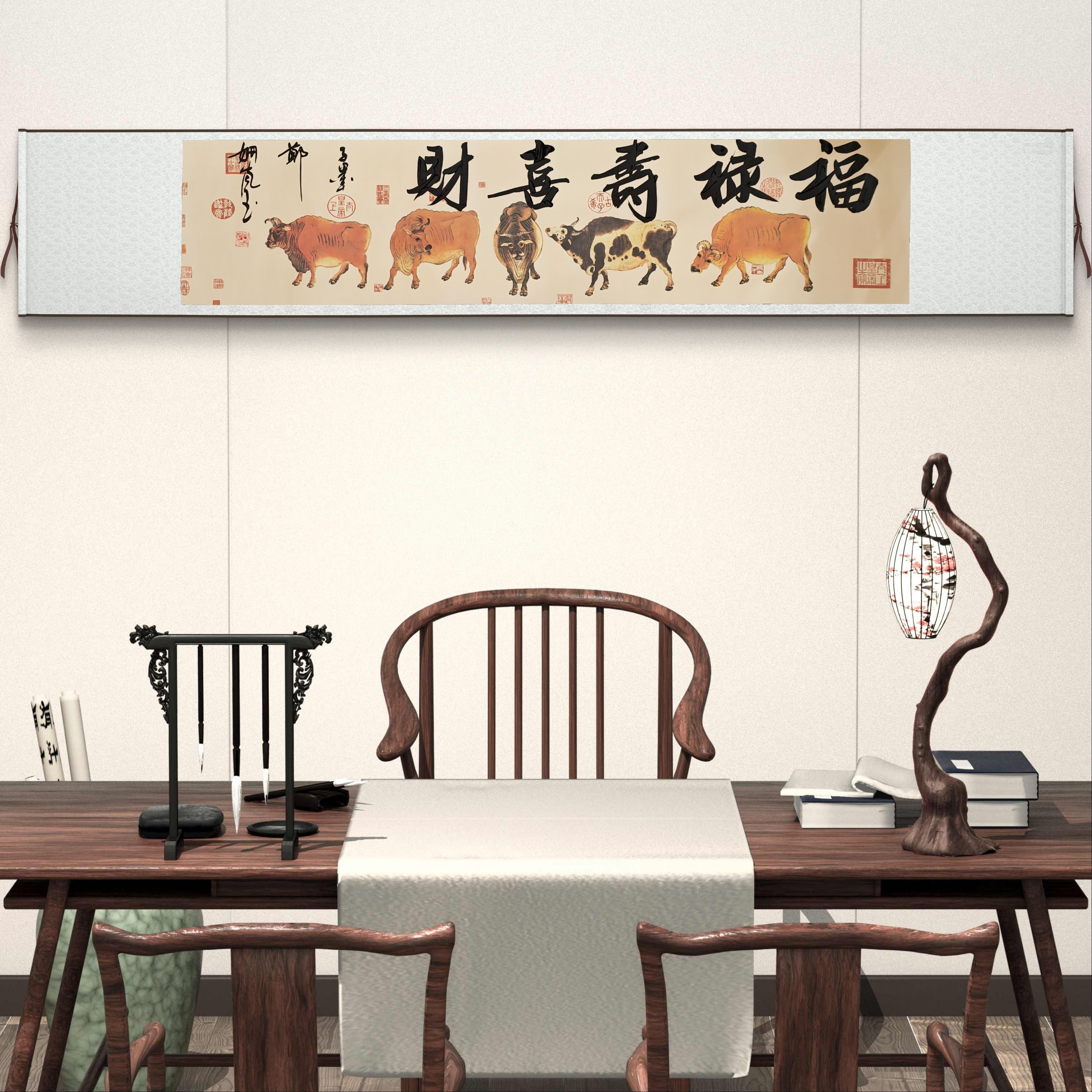 《福禄寿喜财》书法作品 卷轴软装（赠茶礼）