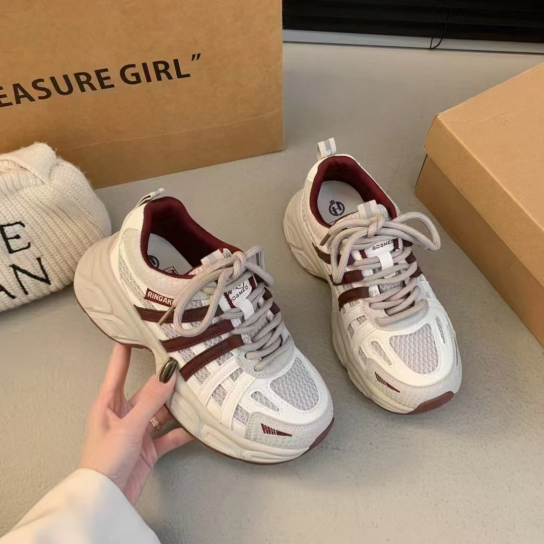 休闲鞋老爹鞋厚底运动鞋春季女士透气拼色复古系带百搭时尚女款