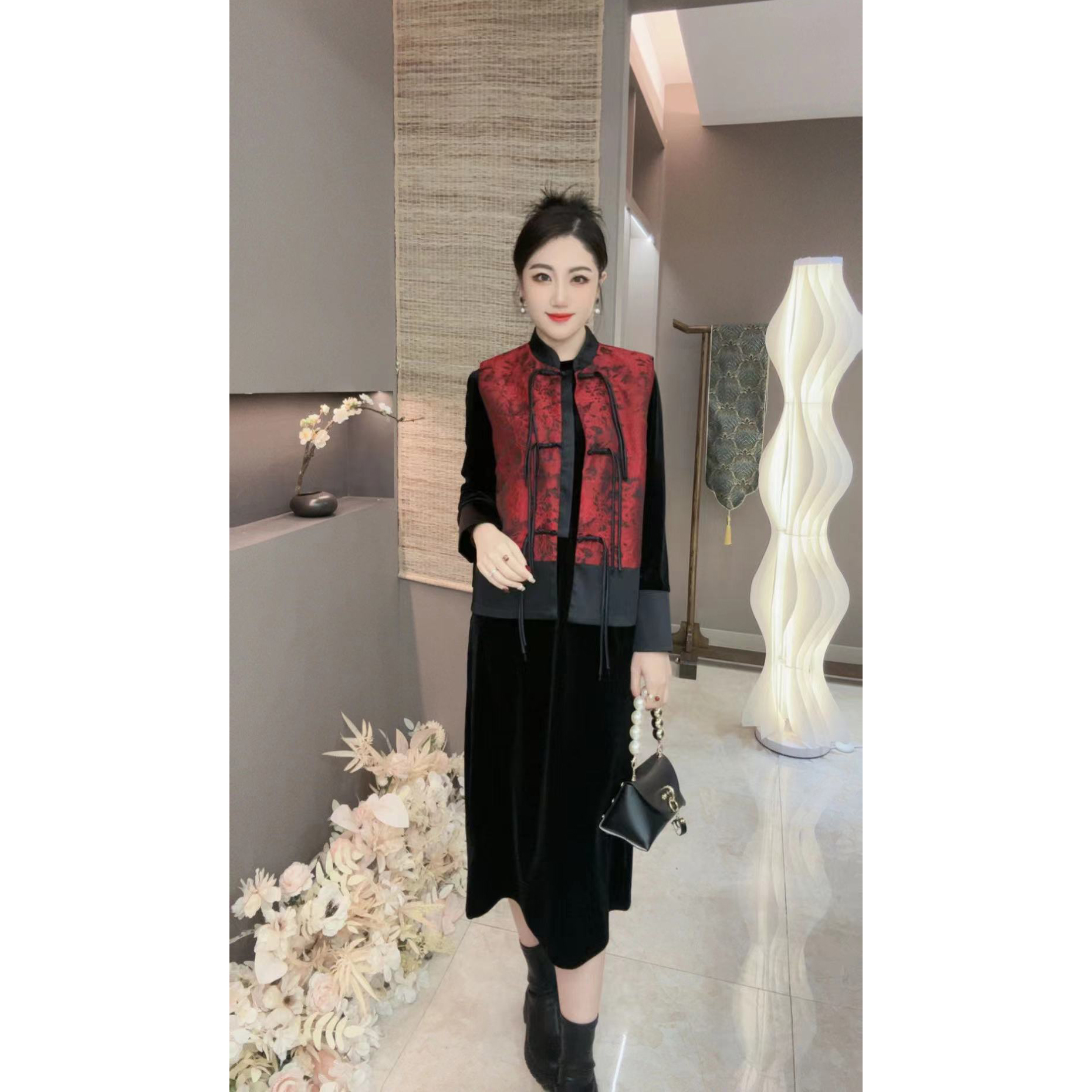 3966-1定制国风秋款显瘦大码暗纹提花拼接马甲女连衣裙套装