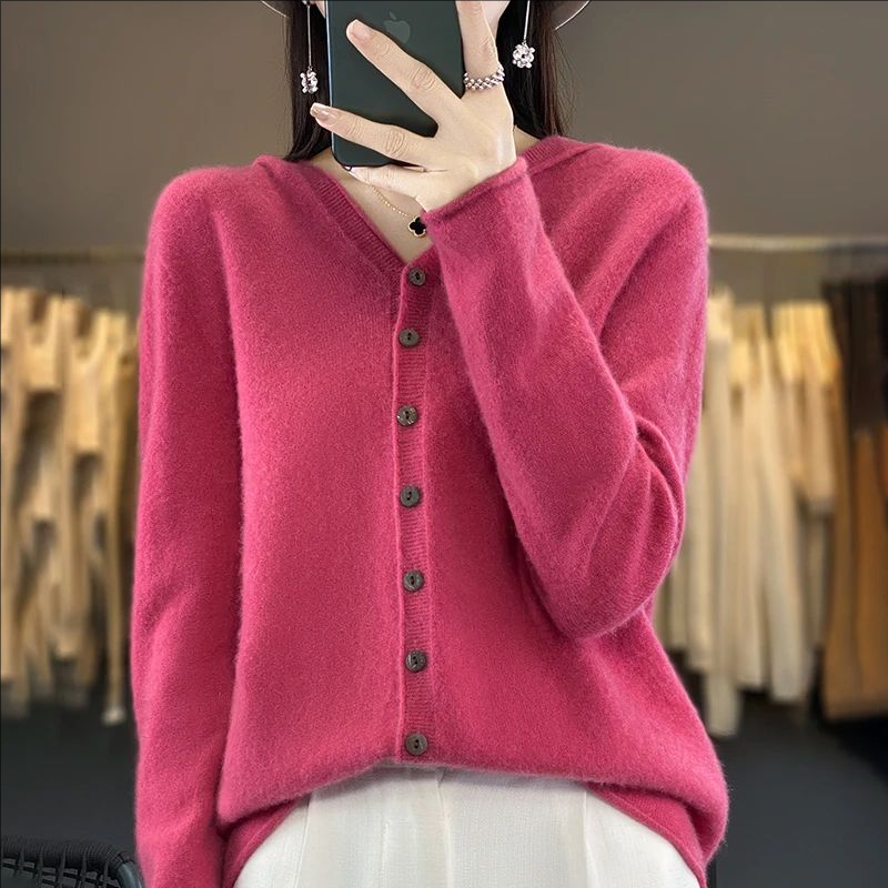 100%羊毛 连帽开衫 一线成衣 纯羊毛衫女士带帽10扣针织百搭纯色