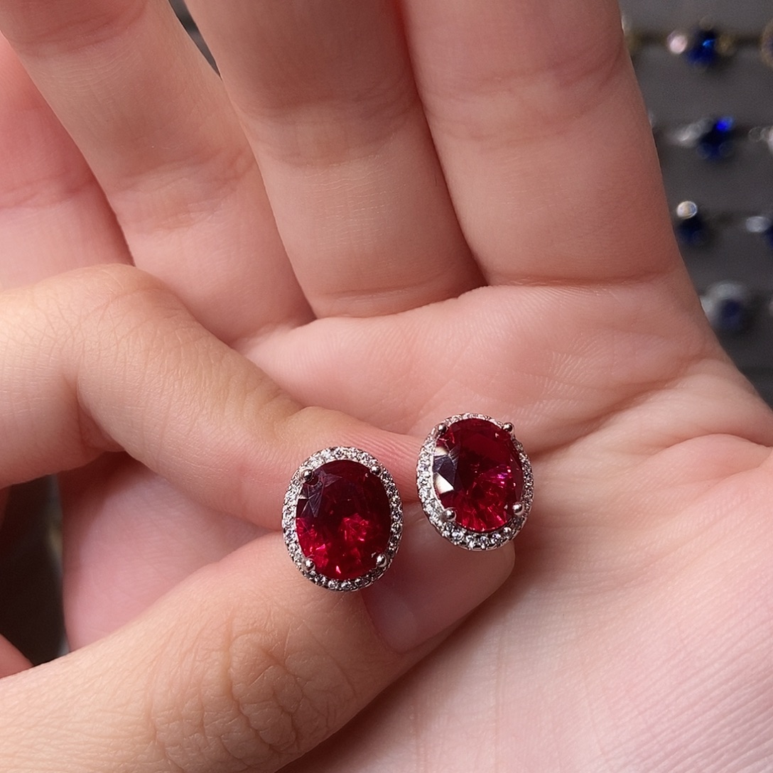 耳饰银S925镶嵌红宝石