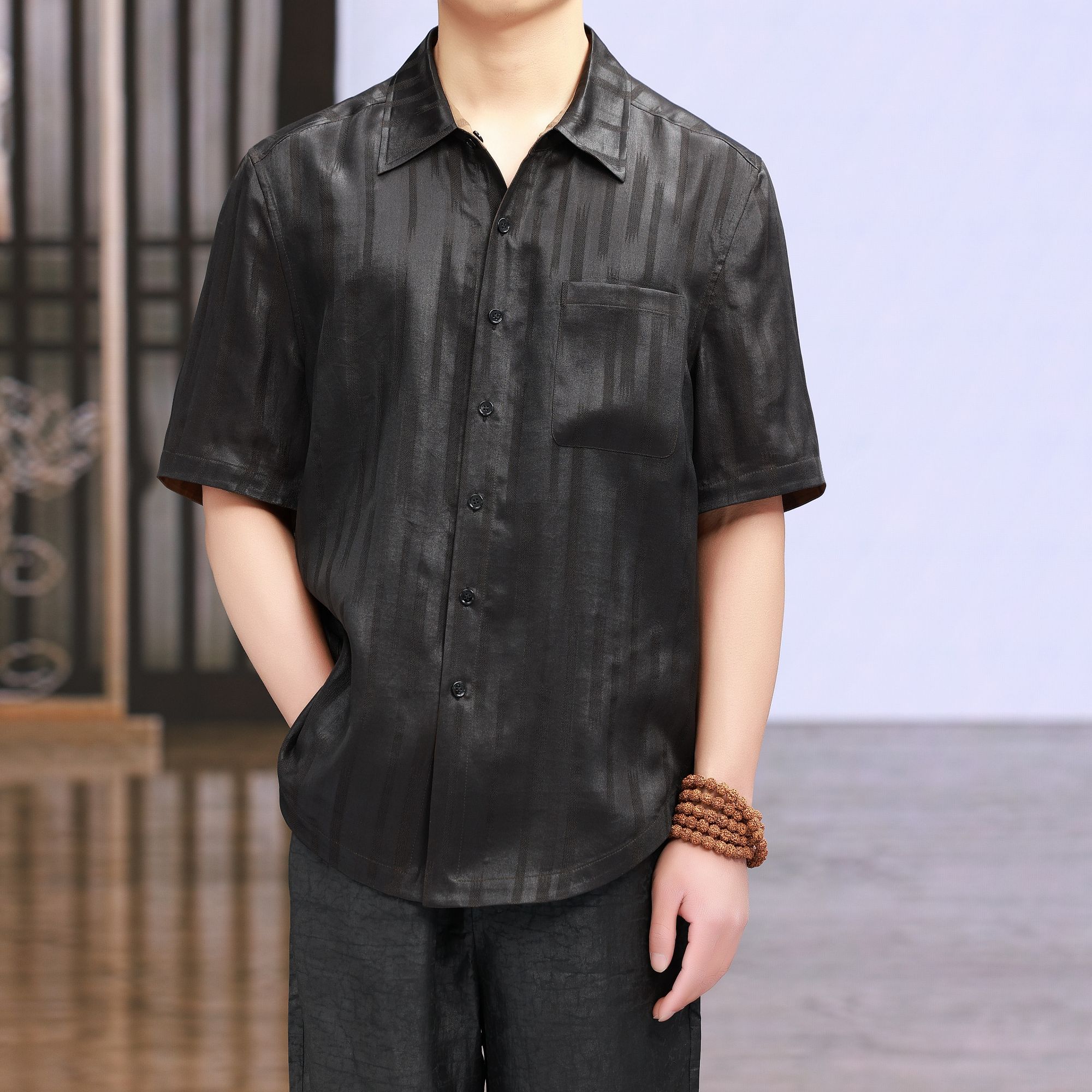 香云纱100%桑蚕丝真丝双面穿夏季短袖衬衫256803