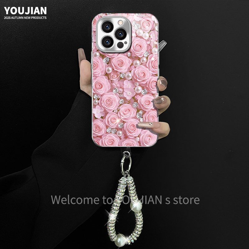 适用【苹果/oppo/华为/vivo/小米】高级珍珠玫瑰花网红创意手机壳女