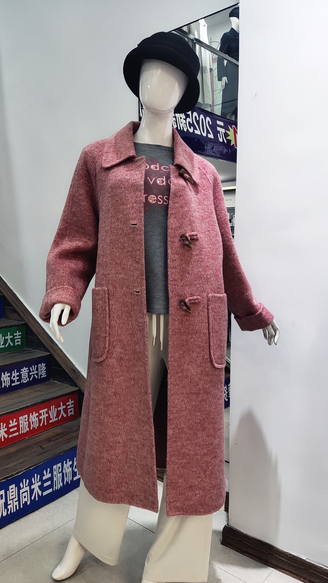 秋冬季高端双面中长款人字纹过膝毛呢大衣