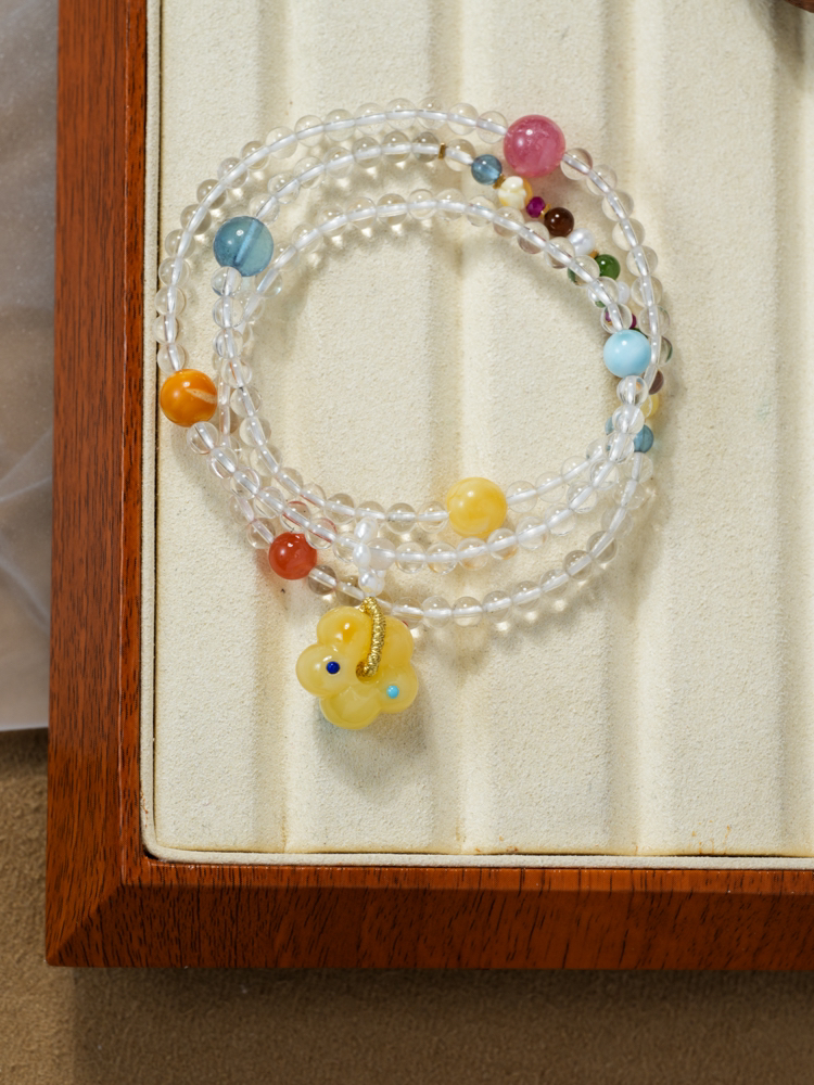 天然白水晶多巴胺彩色俄料蜜蜡花朵多圈手串4mm+