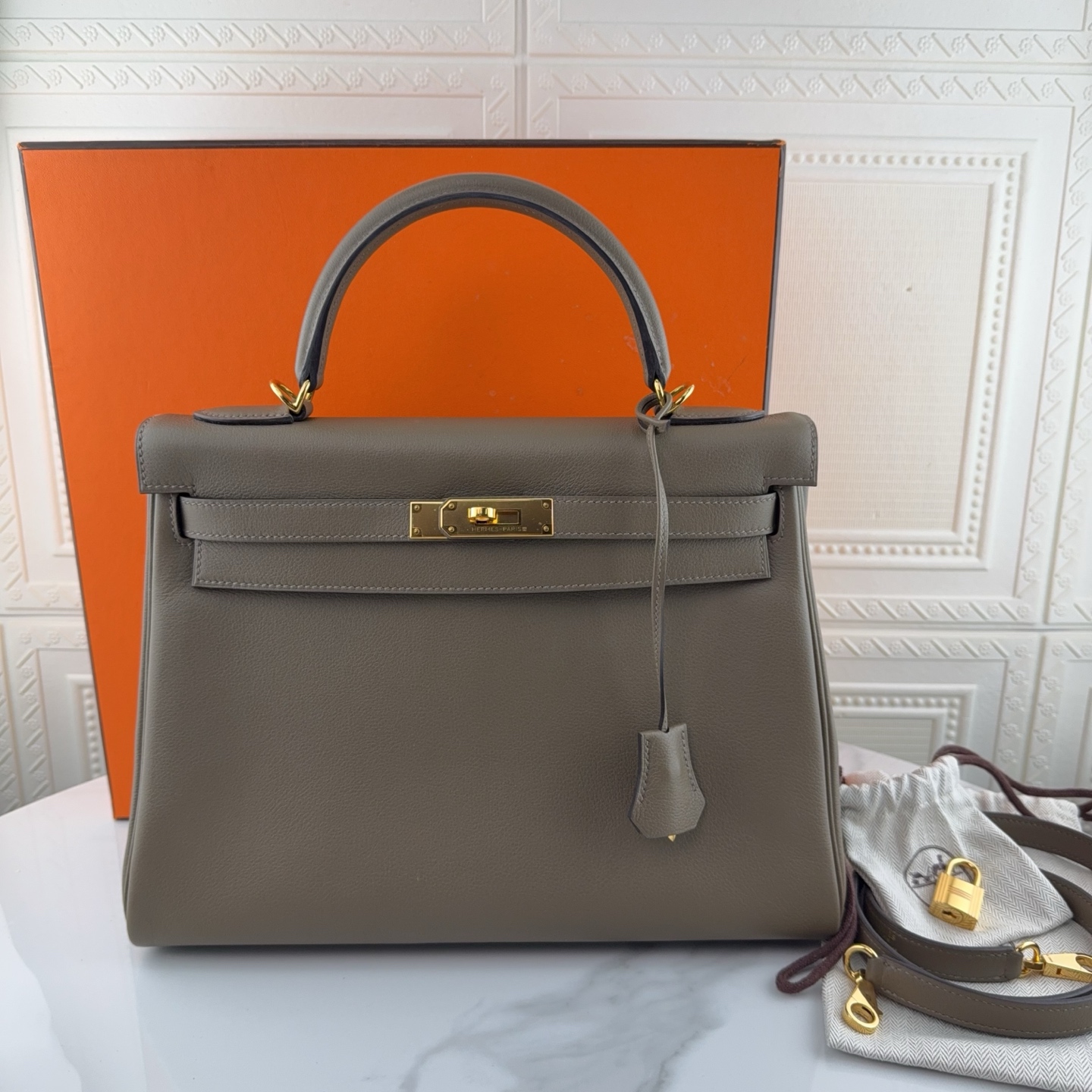 99新 Hermes/爱马仕 时尚经典 Kelly32灰色 X刻 单肩手提二奢包包