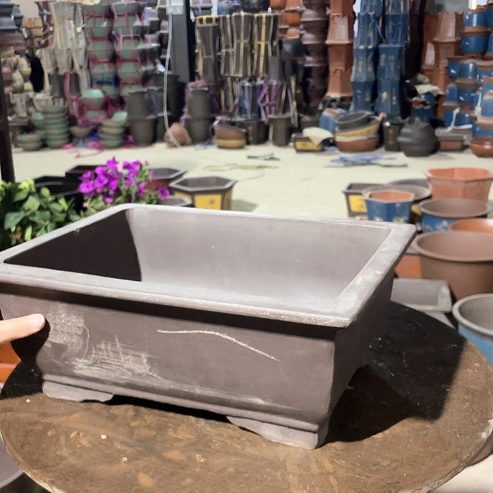 紫砂花盆32刻绘马槽