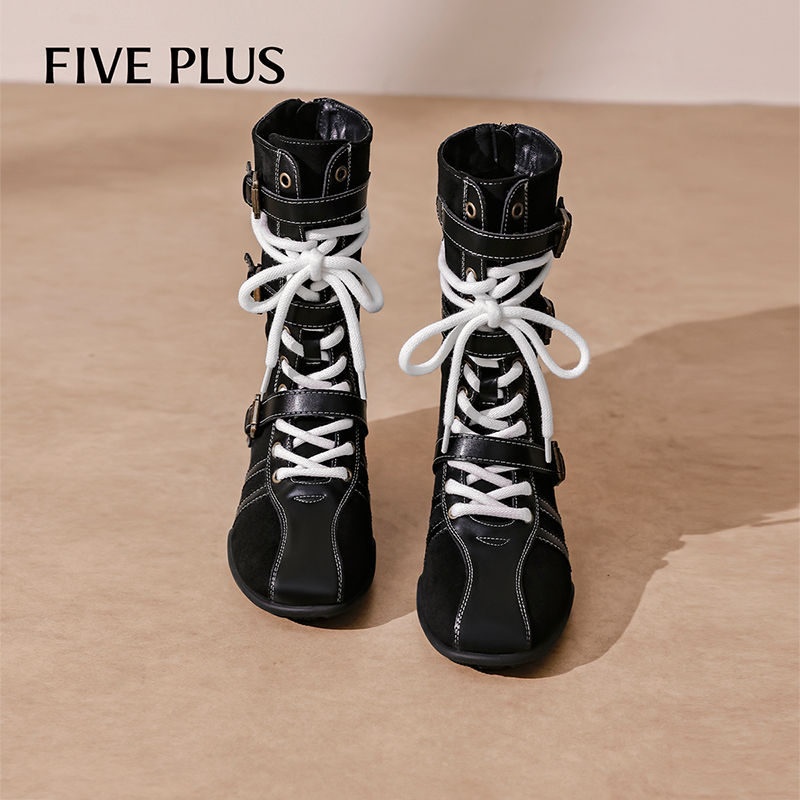 FIVE PLUS西部牛仔靴女2025年冬季新款复古棕色英伦风皮带扣短靴