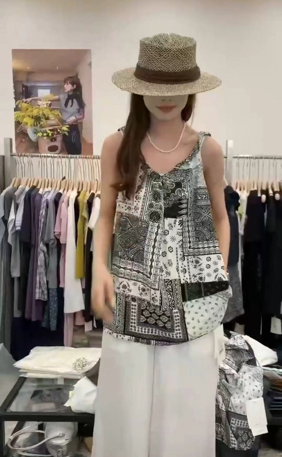 3218#韩系复古V领印花无袖背心吊带