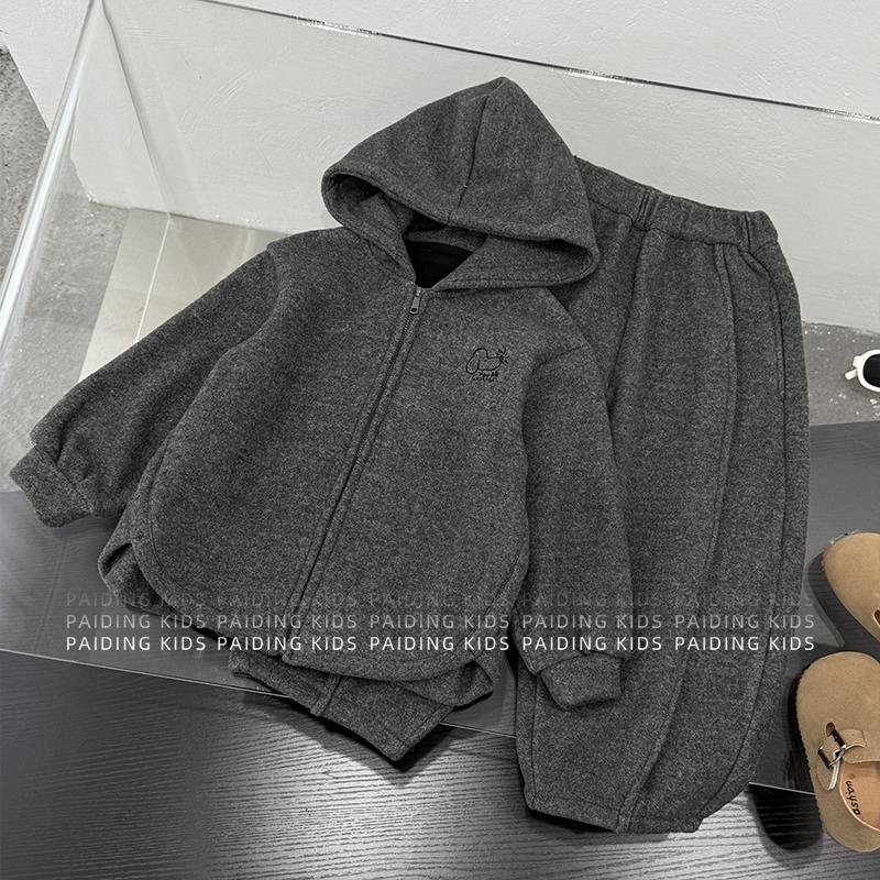 阿卷冬装儿童韩版慵懒风小狗加绒加厚保暖外套裤子套装SJ6811