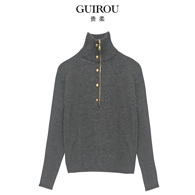 【100%绵羊毛】小金扣半拉链竖坑套头针织衫上衣2025秋冬简约百搭款