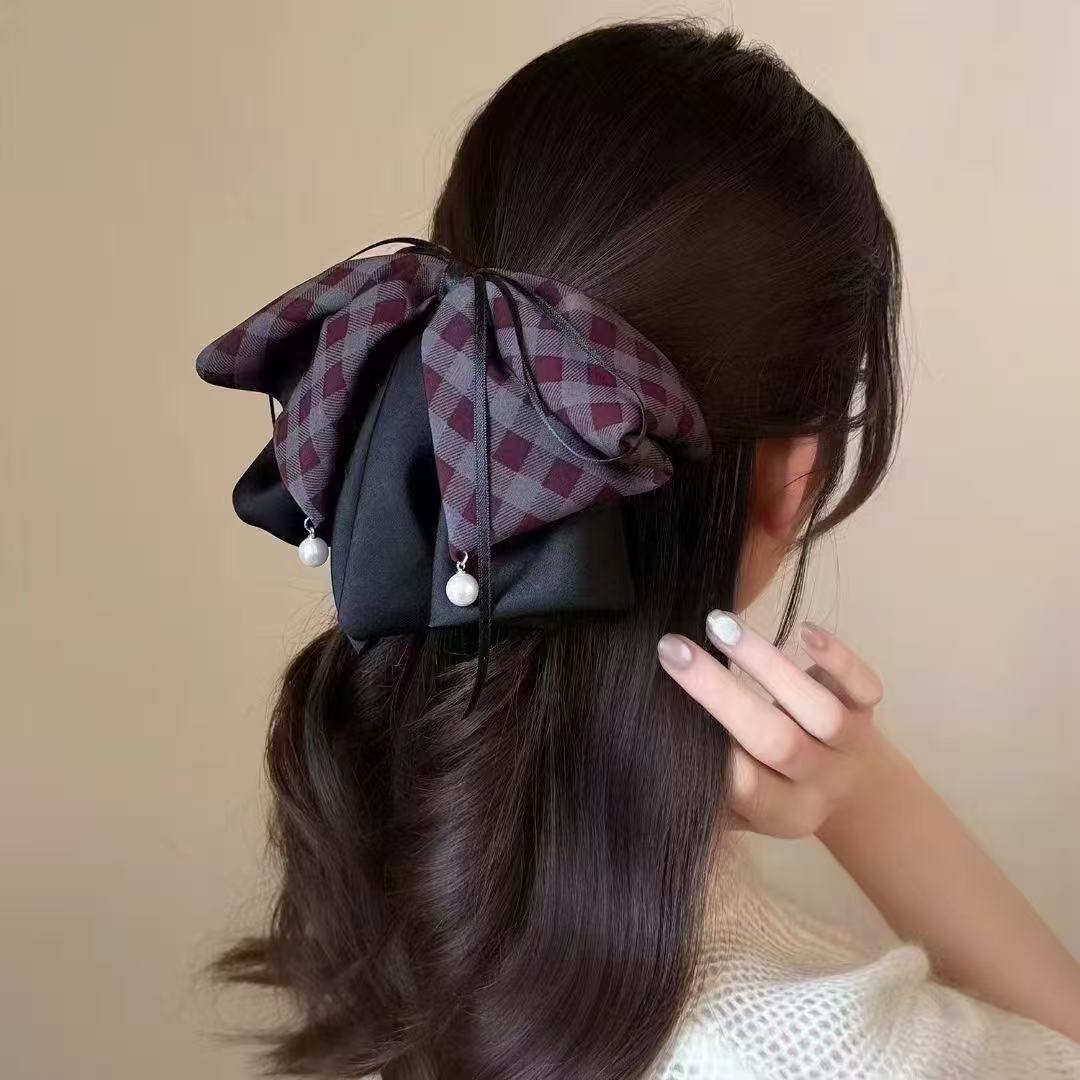 女马尾格纹蝴蝶结高马尾发夹抓夹盘发鲨鱼夹布艺学院风发抓后脑勺