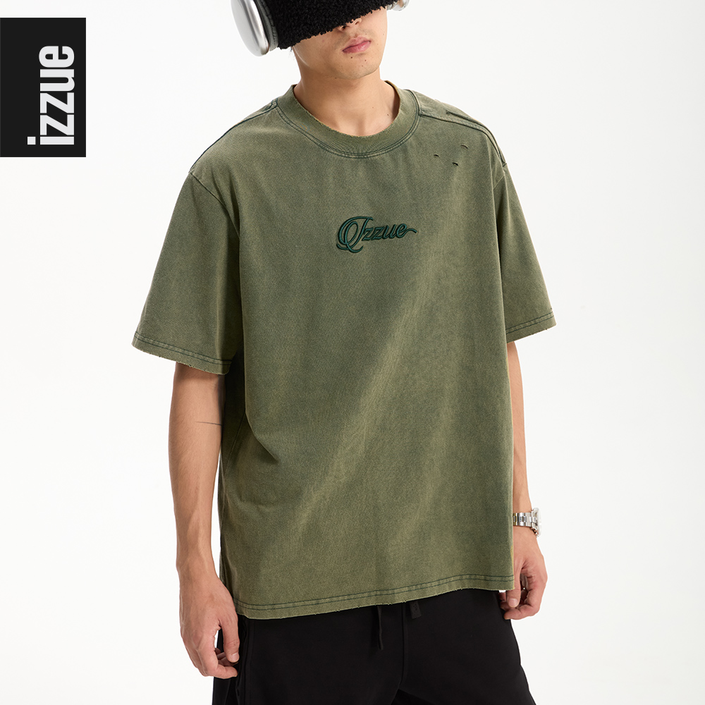 【嘉格专享】i.t izzue纯棉t恤夏季百搭短袖宽松男女圆领做旧水洗