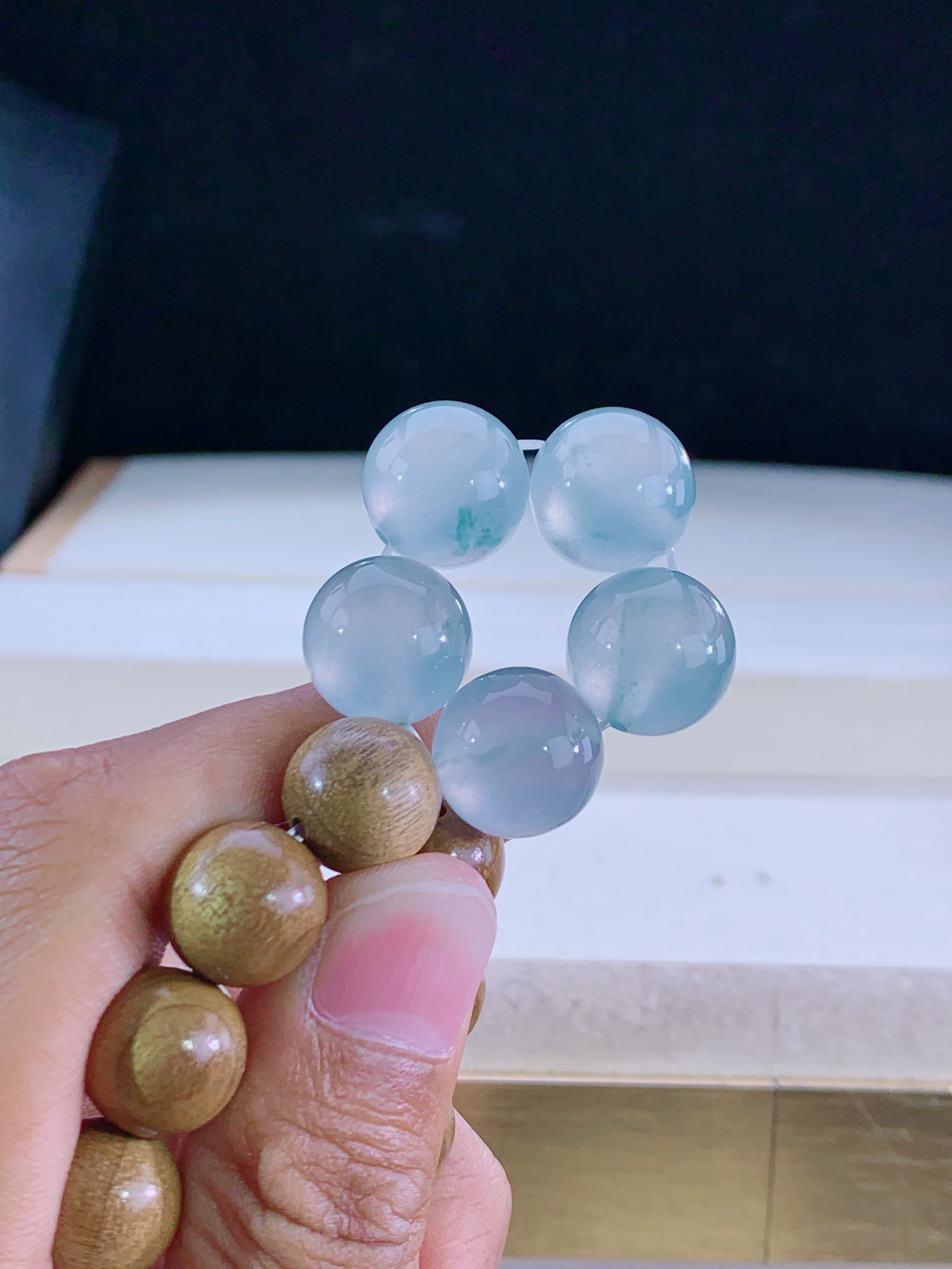 玻璃钢和木珠是绝配 玻璃种起杠光缅甸天然翡翠A货珠串卡13.8 