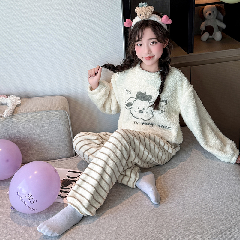 女童睡衣法兰绒秋冬可爱6-12岁女孩儿童珊瑚绒大童保暖家居服套装