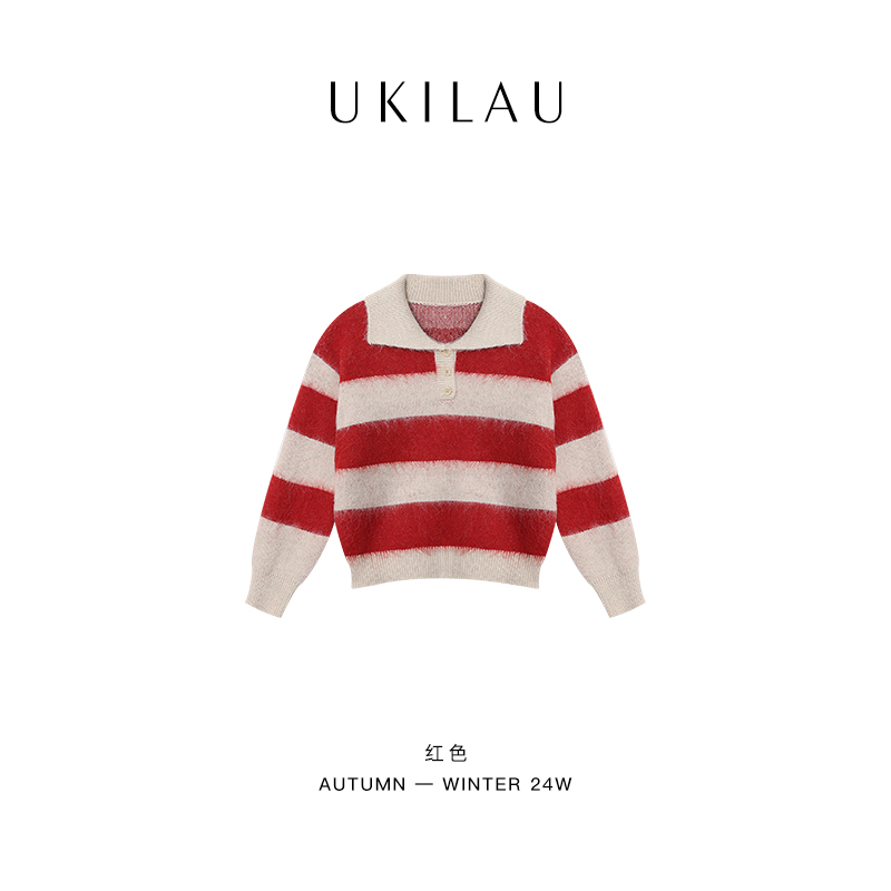 UKILAU复古气质翻领百搭宽条纹慵懒风针织毛衣