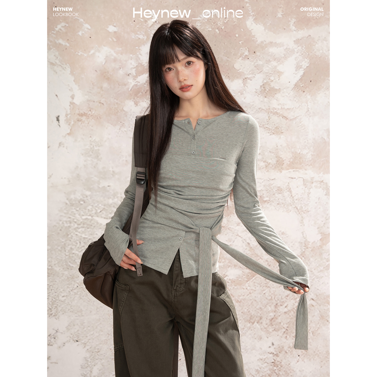 LOVEHEYNEW不规则堆叠拼接绑带t恤女秋季小众设计感别致上衣5Q114