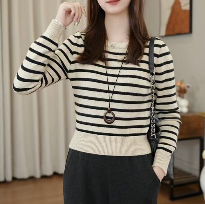 小个子秋冬圆领条纹常规冬季女毛针织衫宽松韩版上衣百搭