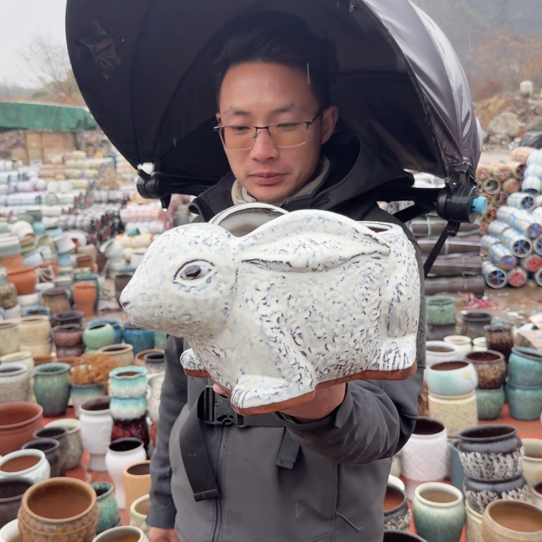 紫砂花盆兔子一个白色一个