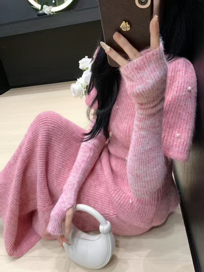 法式名媛小香风红色毛衣套装裙女秋冬时尚高级感气质针织三件套潮