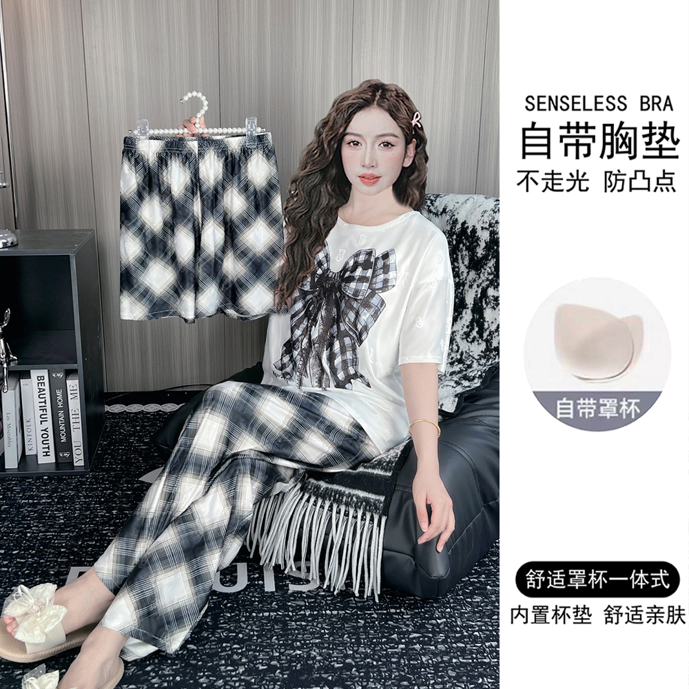 带胸垫夏季提花冰丝睡衣女短袖薄款三件套宽松卡通家居服套装夏天