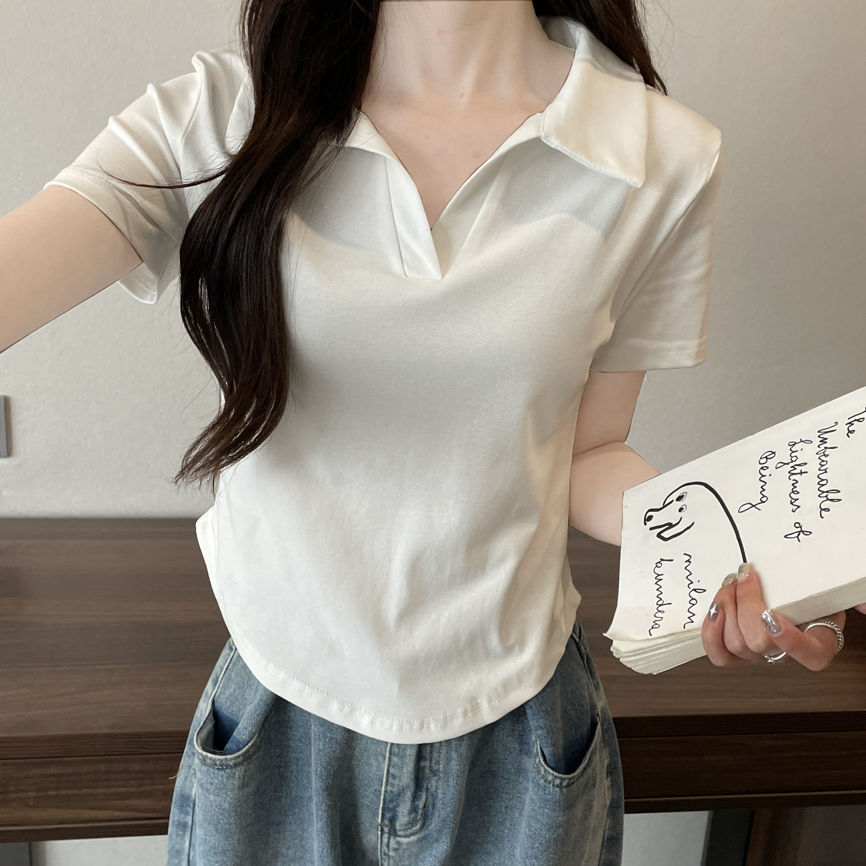 8810白色不规则polo领短袖t恤女夏季高端设计感小众正肩短款上衣