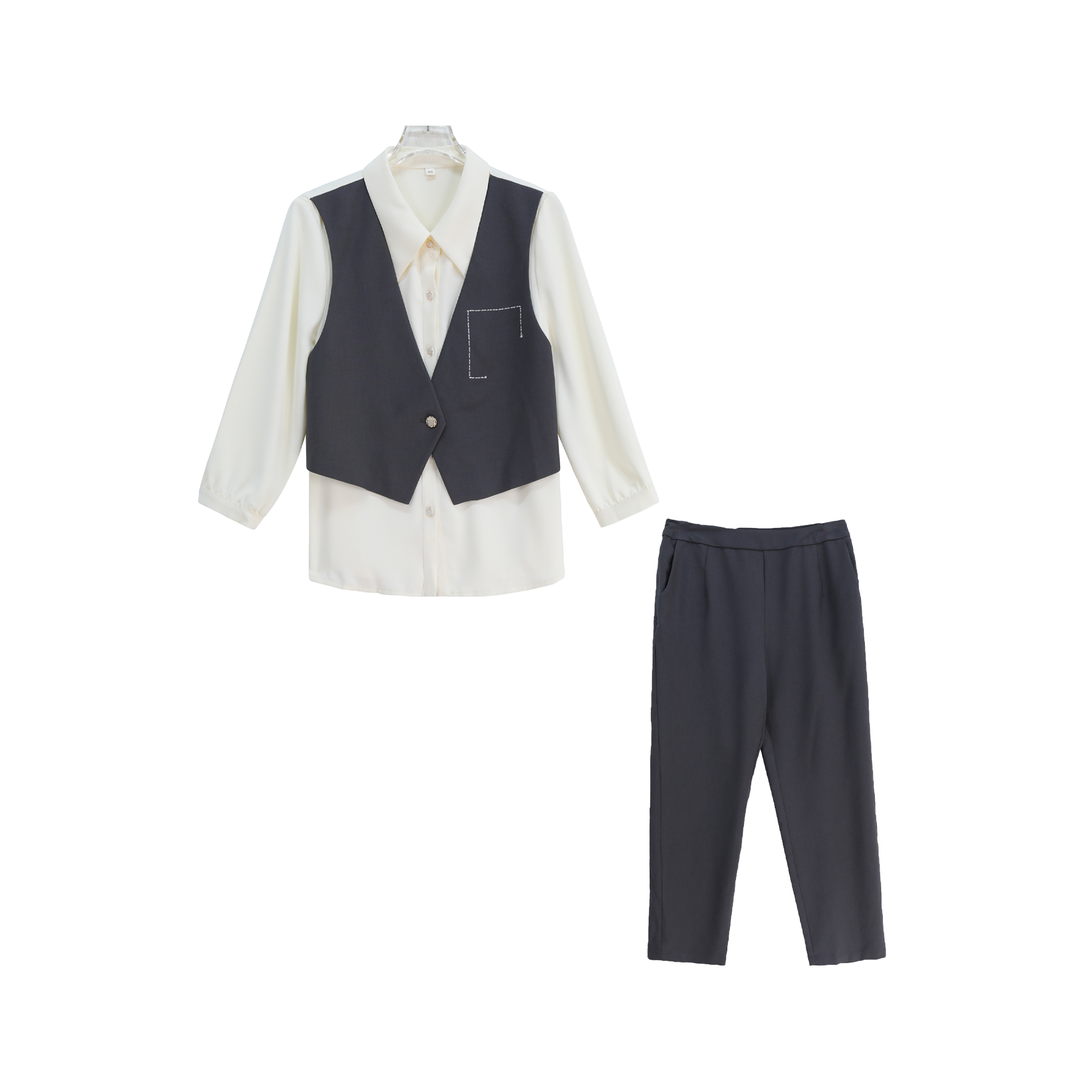 新款设计感干练气质马夹衬衫假两件阔腿裤套装S2427