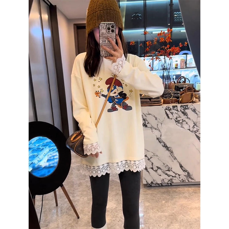 欧货拼接蕾丝花边假两件T恤女2025春秋宽松中长款叠穿内搭打底衫