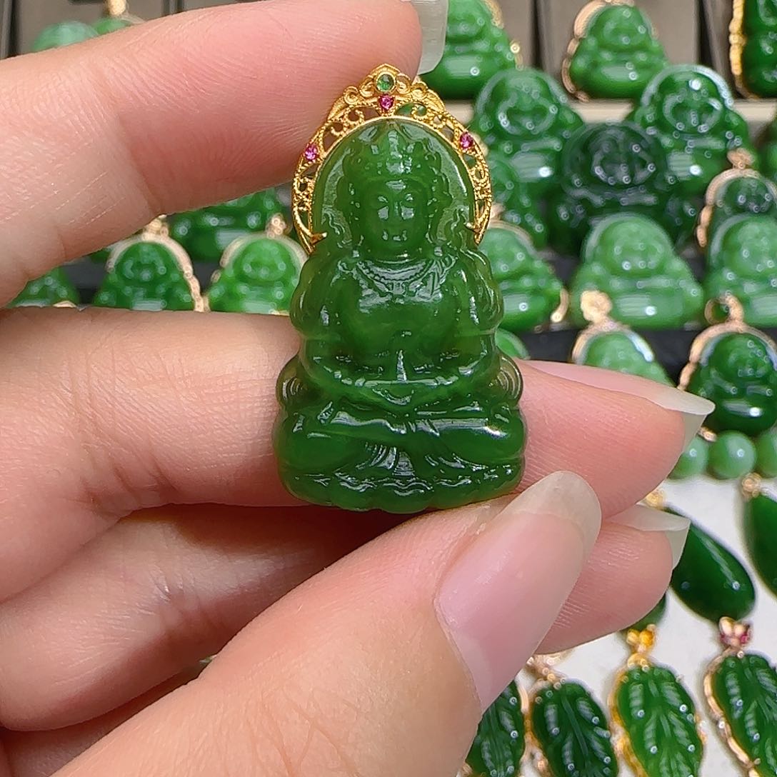 和田玉（碧玉）吊坠(不含链)18K金镶嵌