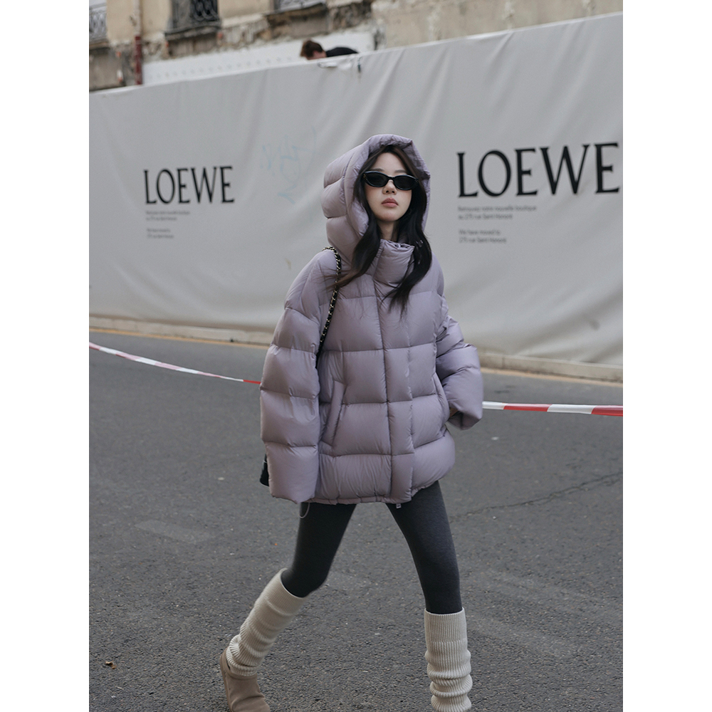 张贝贝ibell设计感90白鸭绒保暖显瘦O压感连帽立领中长款羽绒服女