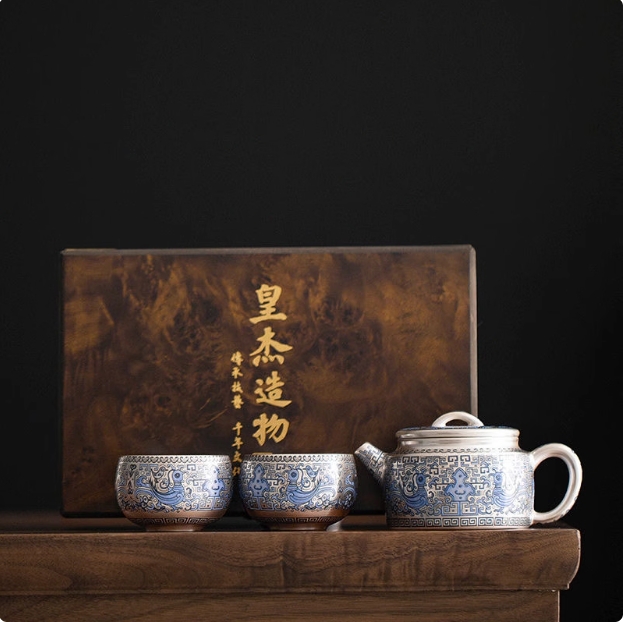 高档鎏银天命玄鸟汉瓦壶一壶四杯礼盒装复古精美功夫茶具ZH2021