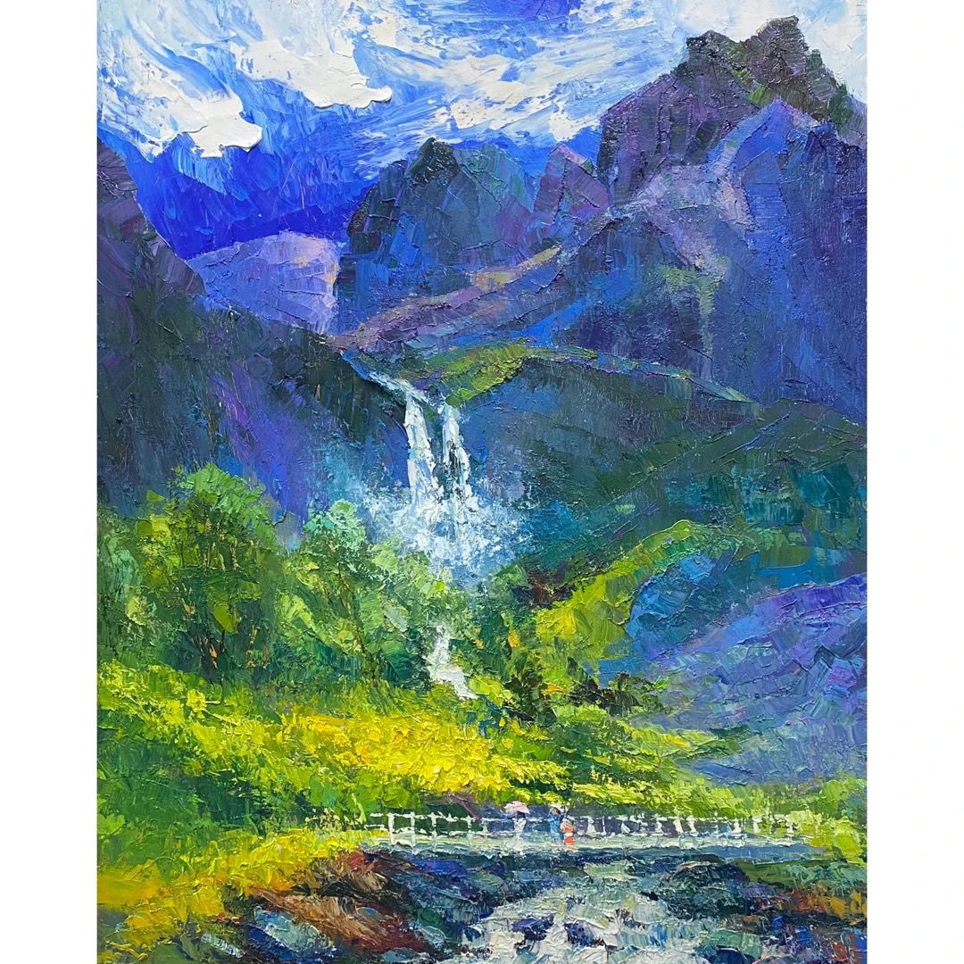 6010燕飞《长白瀑布》原创手绘油画风景作品100*80cm适合客厅沙发墙