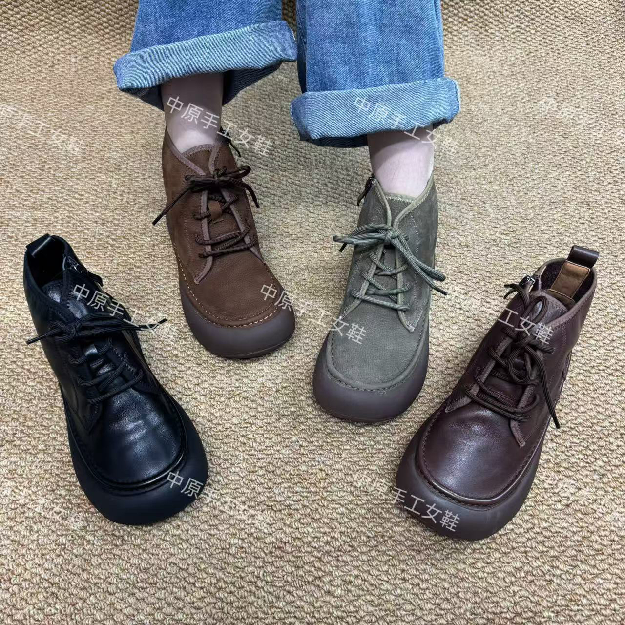 2716-20系带休闲圆头平底短靴纯色马丁靴时尚女鞋