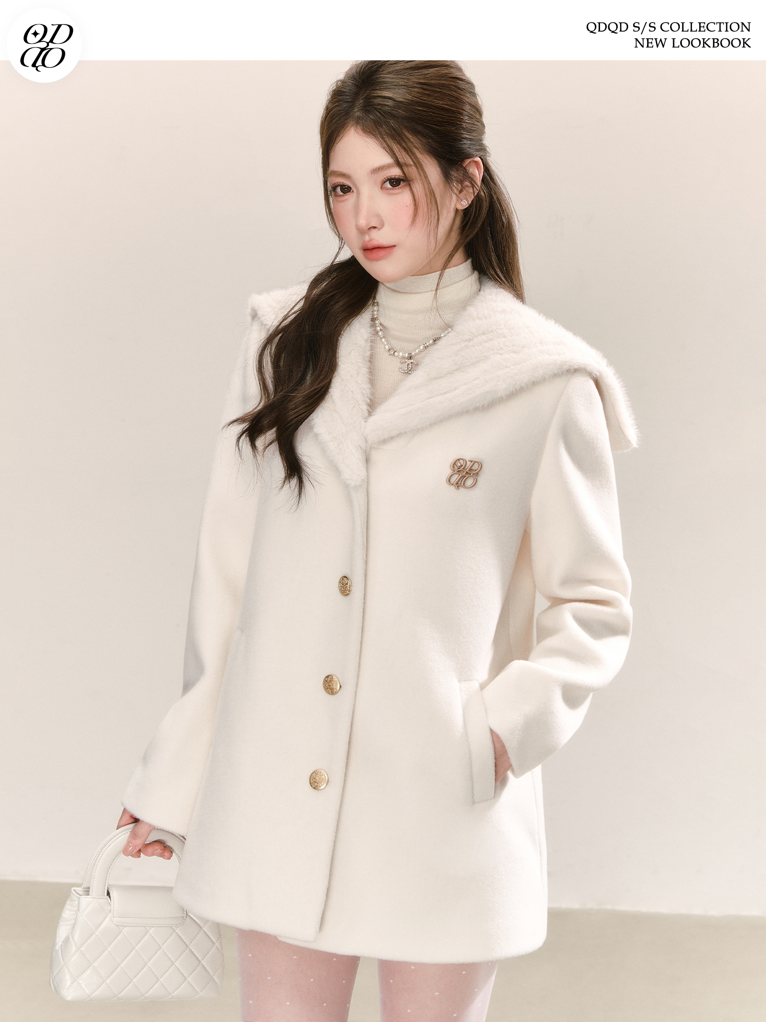 QDQD 千金感海军领白色毛呢外套秋冬新款A字系带收腰中长款大衣女