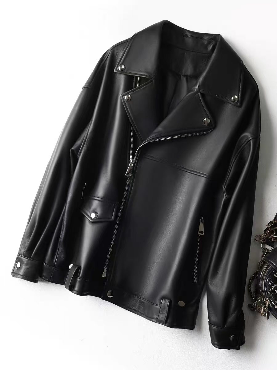 短款绑带皮衣修身时尚真皮皮夹克上衣修身皮夹克（盲拍一律发袜子）