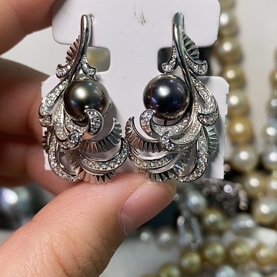 海水珍珠耳饰银S925镶嵌9-10