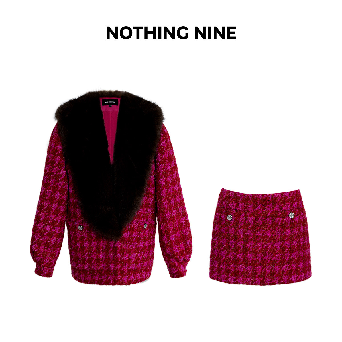 NOTHING NINE 草莓莫吉托千鸟格粗花呢夹棉环保领外套/半裙套装 