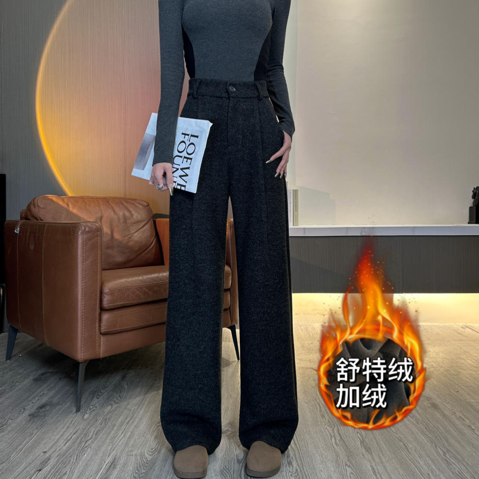 NLSK-126 加绒加厚捏褶窄版直筒裤女秋冬高腰垂感休闲宽松拖地裤